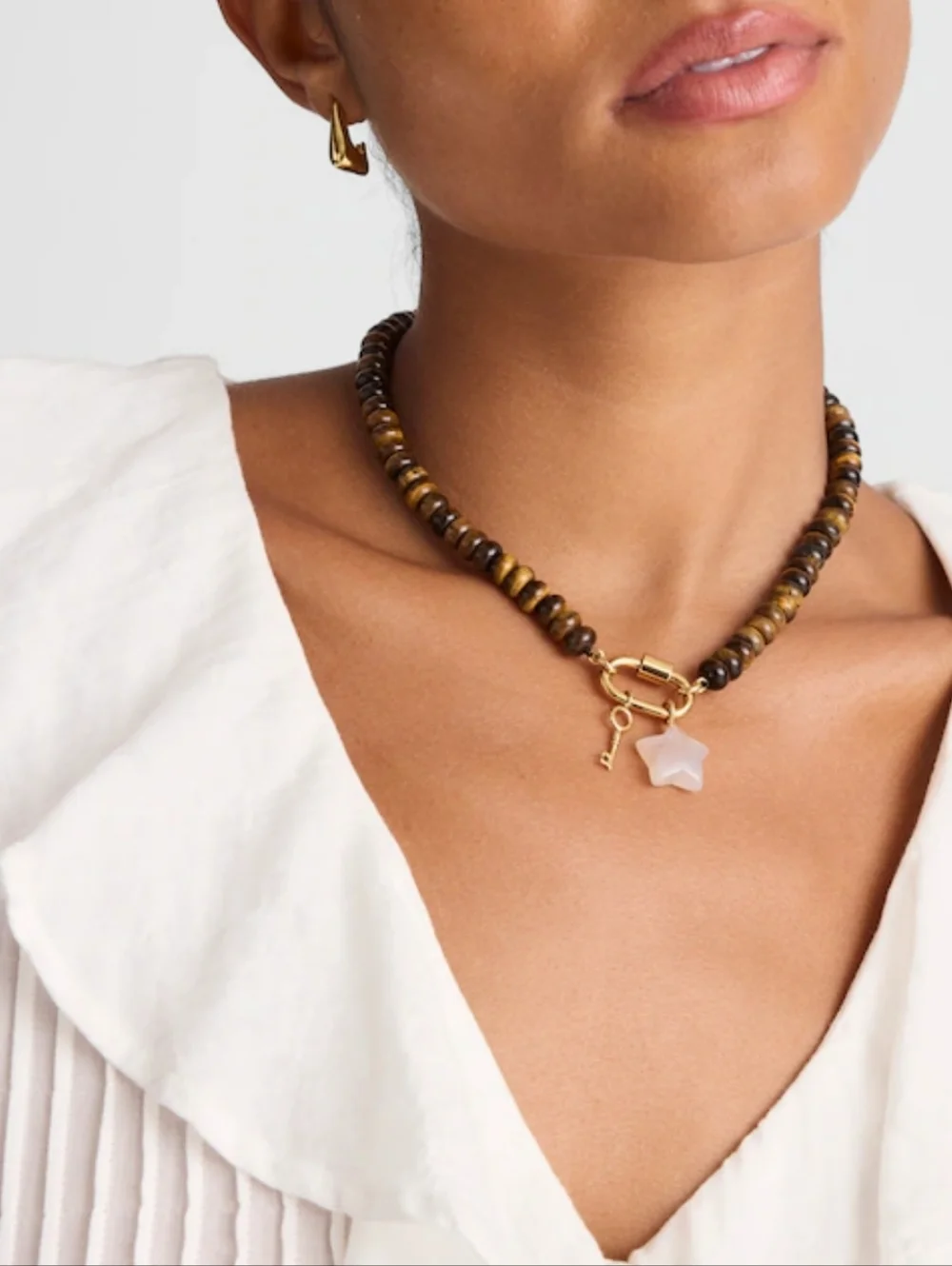 Madewell Semi-precious Beaded Carabiner Charm Necklace - Tiger's Eye/Agate - Picture 2 of 9